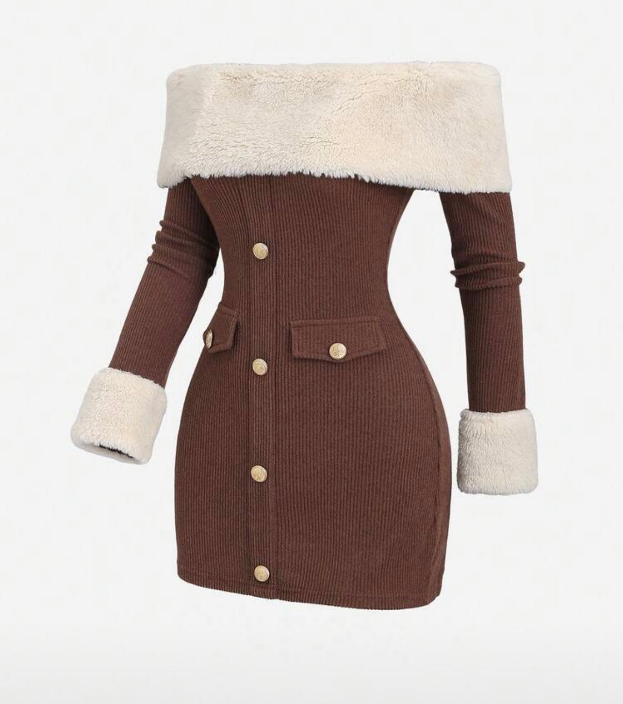 فستان شتوي قصير بأكتاف ساقطة بتصميم أنيق وبياقة وفرو ناعم