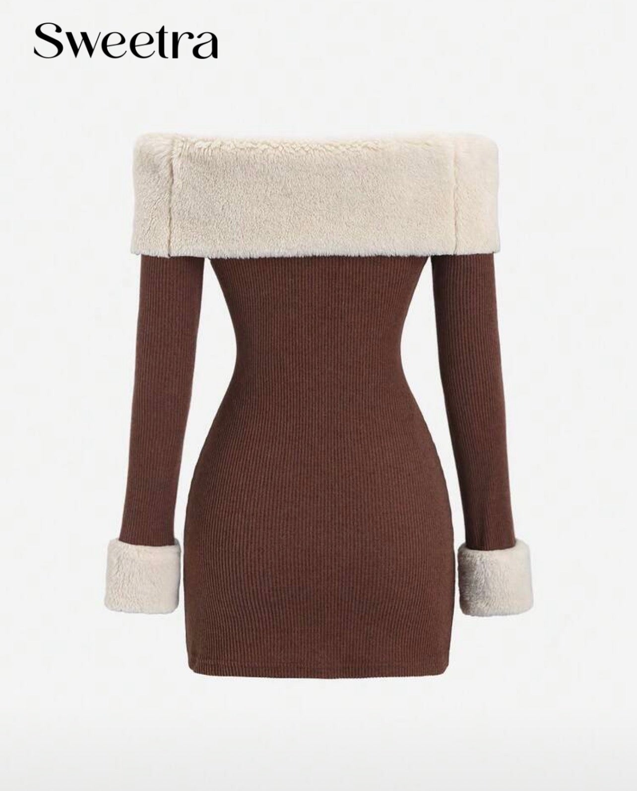 فستان شتوي قصير بأكتاف ساقطة بتصميم أنيق وبياقة وفرو ناعم