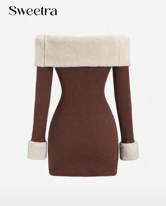 فستان شتوي قصير بأكتاف ساقطة بتصميم أنيق وبياقة وفرو ناعم