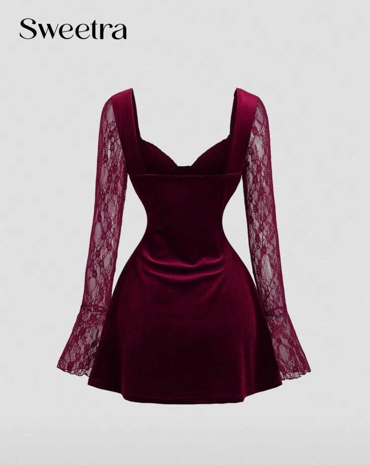 فستان مخملي قصير بأكمام دانتيل – خيارك المثالي للإطلالات الراقية والجذابة