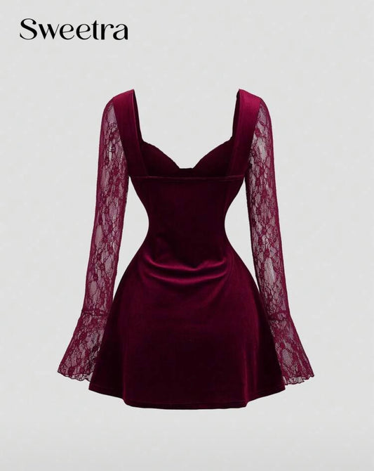 فستان مخملي قصير بأكمام دانتيل – خيارك المثالي للإطلالات الراقية والجذابة