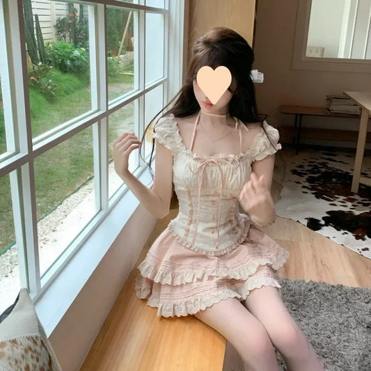 اليابانية 2 قطعة تنورة مجموعات النساء عارضة مساء حزب الملابس خمر لوليتا الدعاوى اللباس الإناث شيك أبلى الحلو